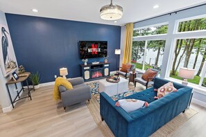 Smart TV, fireplace, video games, DVD player