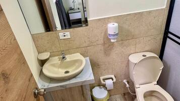 Shower, towels, soap, toilet paper