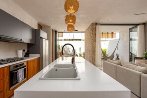 Fridge, microwave, oven, stovetop