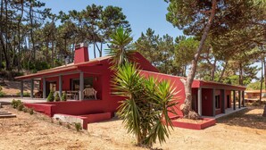 Un bâtiment rouge doté d’un patio couvert, entouré de pins et d’un palmier.
