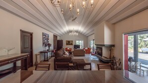Un salon spacieux avec une grande table à manger, des sièges confortables, une cheminée et une vue dégagée sur l’extérieur grâce à une porte vitrée.