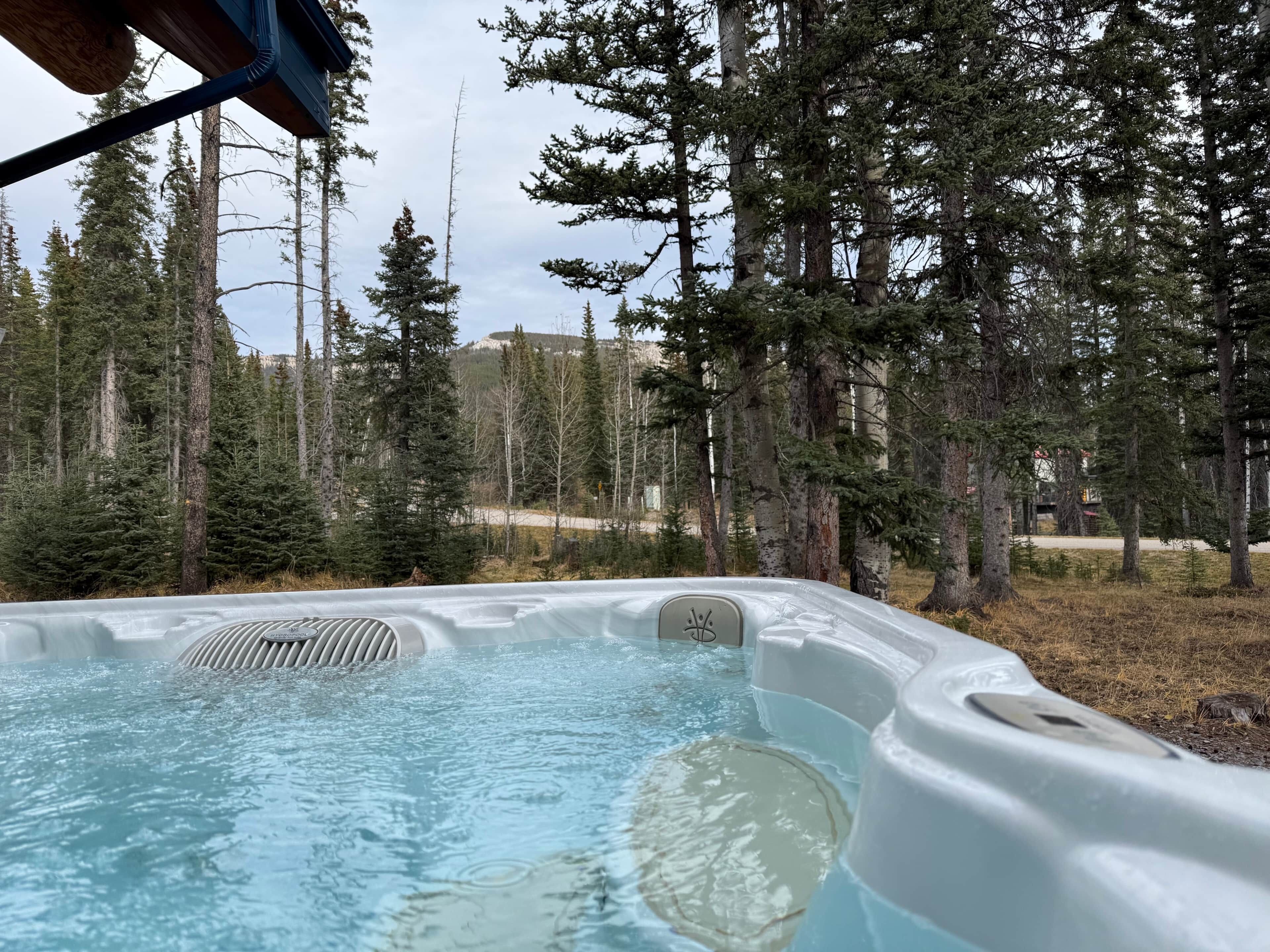 A hot tub surrounded by a forest with tall trees.
