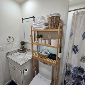 Shower, hair dryer, towels, soap