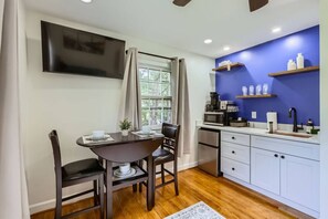 Fridge, microwave, coffee/tea maker, toaster