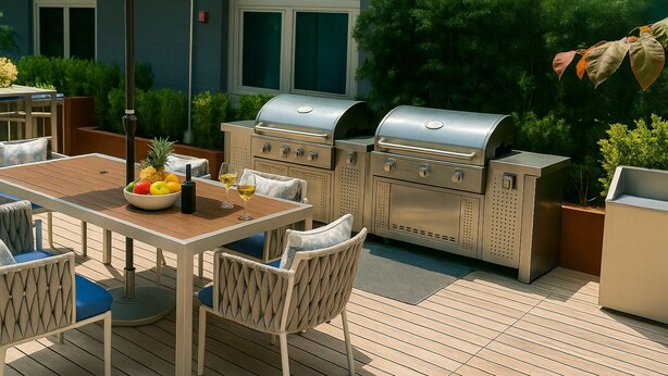 Eine Terrasse im Freien mit einem Holztisch, Korbstühlen und einem Grill aus Edelstahl.