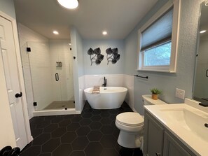 Shower, hair dryer, towels, soap