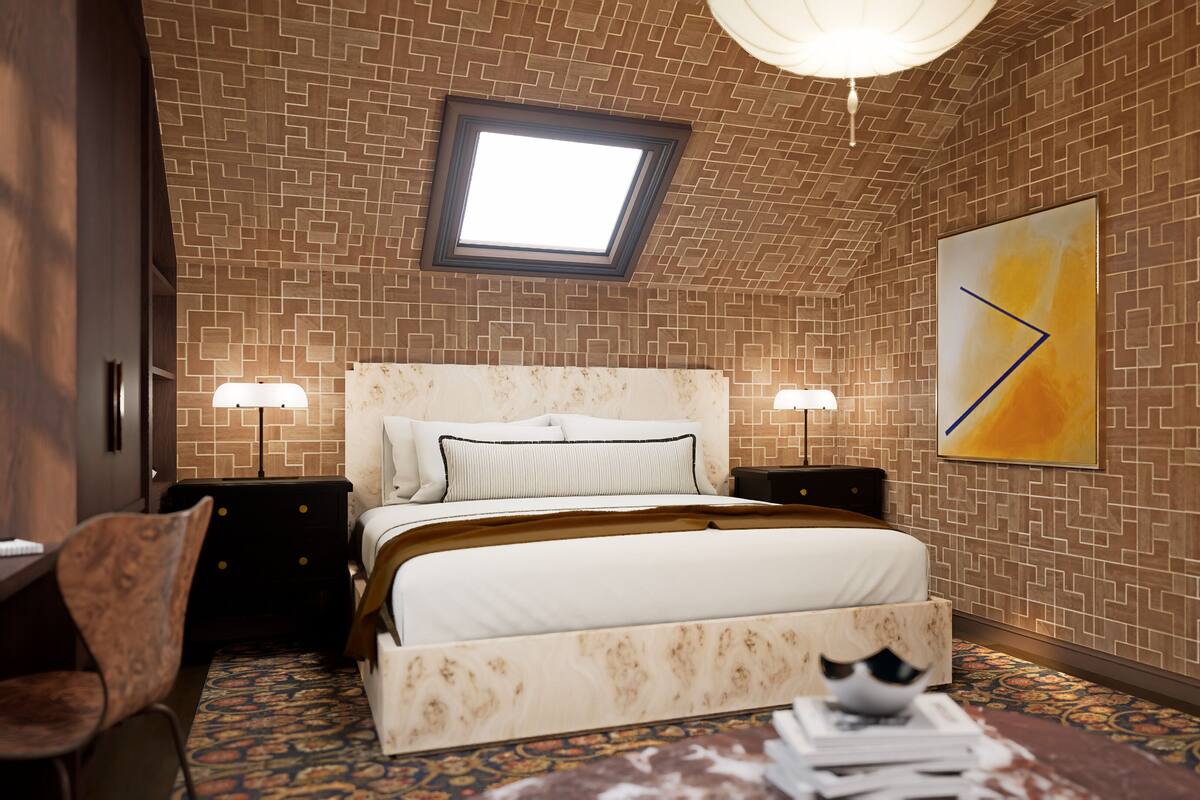 A bedroom with a brick-patterned ceiling, a skylight, a bed with white bedding, two bedside tables with lamps, a chair, and a large abstract painting on the wall.