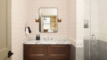 Douche, articles de toilette de luxe, peignoirs, serviettes fournies