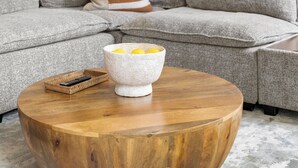 A modern living room with a grey sectional sofa, a round wooden coffee table, and a white bowl with lemons. There are two framed pictures on the wall and a large green plant in the corner.