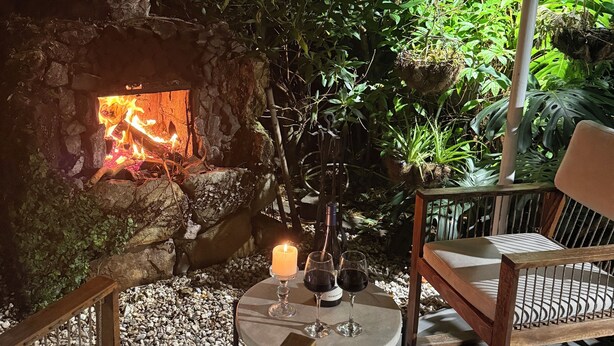 Cómodo espacio al aire libre con chimenea de piedra, rodeado de vegetación exuberante y una planta colgante.