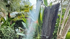 Un jardín con una fuente de piedra y una estructura de madera.