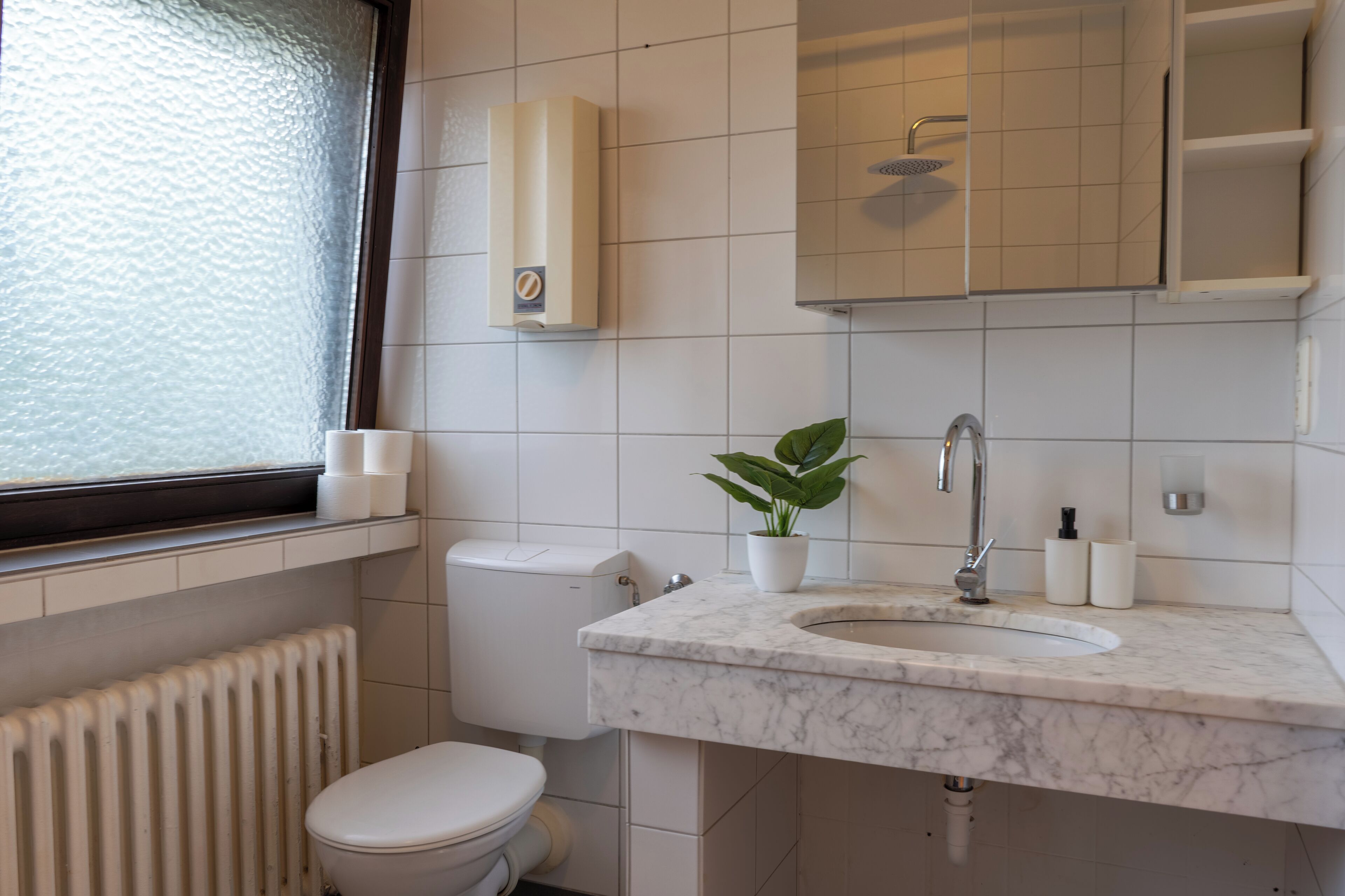 Une salle de bain équipée de toilettes, d’un lavabo avec un plan de travail en marbre, d’une plante en pot, d’un sèche-mains et d’un distributeur de serviettes.