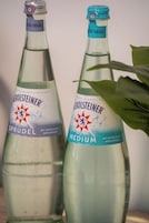 Kaksi Gerolsteiner-pulloa, toisessa lukee ”Sprudel” ja toisessa ”Medium”, ja taustalla on kasvi.