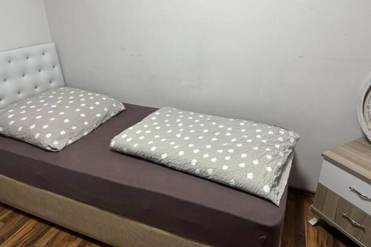 A single bed with a tufted headboard and two pillows, a wooden nightstand with drawers, and a plain wall.