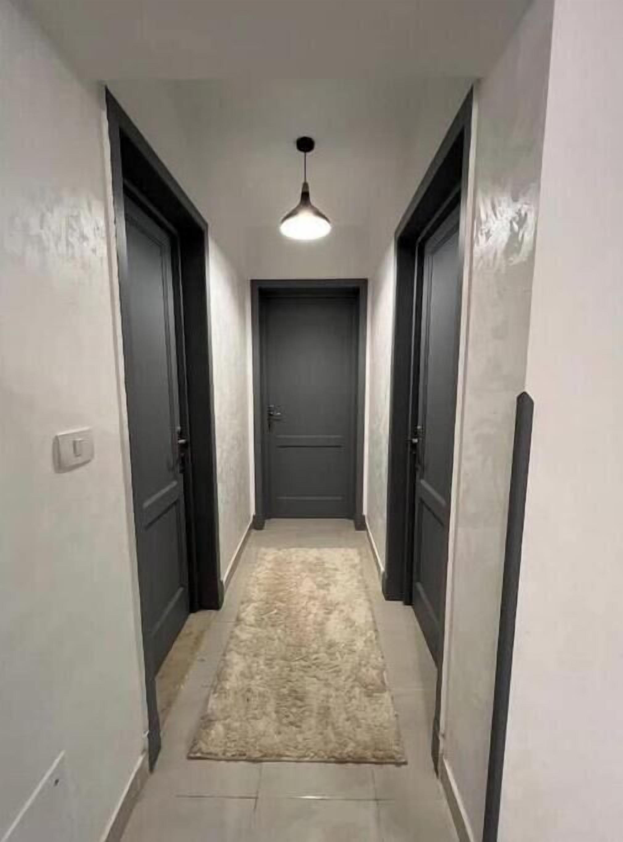 A narrow hallway with dark doors on either side, a light fixture above, and a beige carpet.