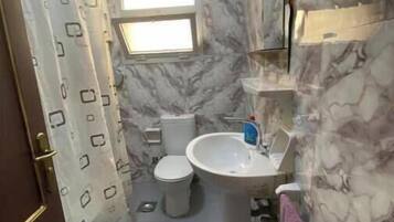 Hair dryer, towels, soap, toilet paper