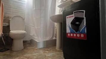 Secador de cabelo, toalhas de banho, sabonete, papel higiênico