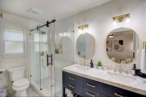 Hair dryer, bidet, towels, soap