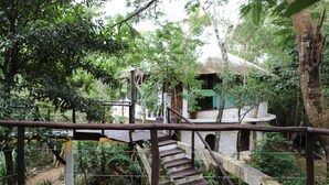 A wooden staircase leading to a stone building surrounded by lush greenery. - Tulum Jungle House with Swimming Pool - Relax and Spiritual Connection (Macario Gómez)