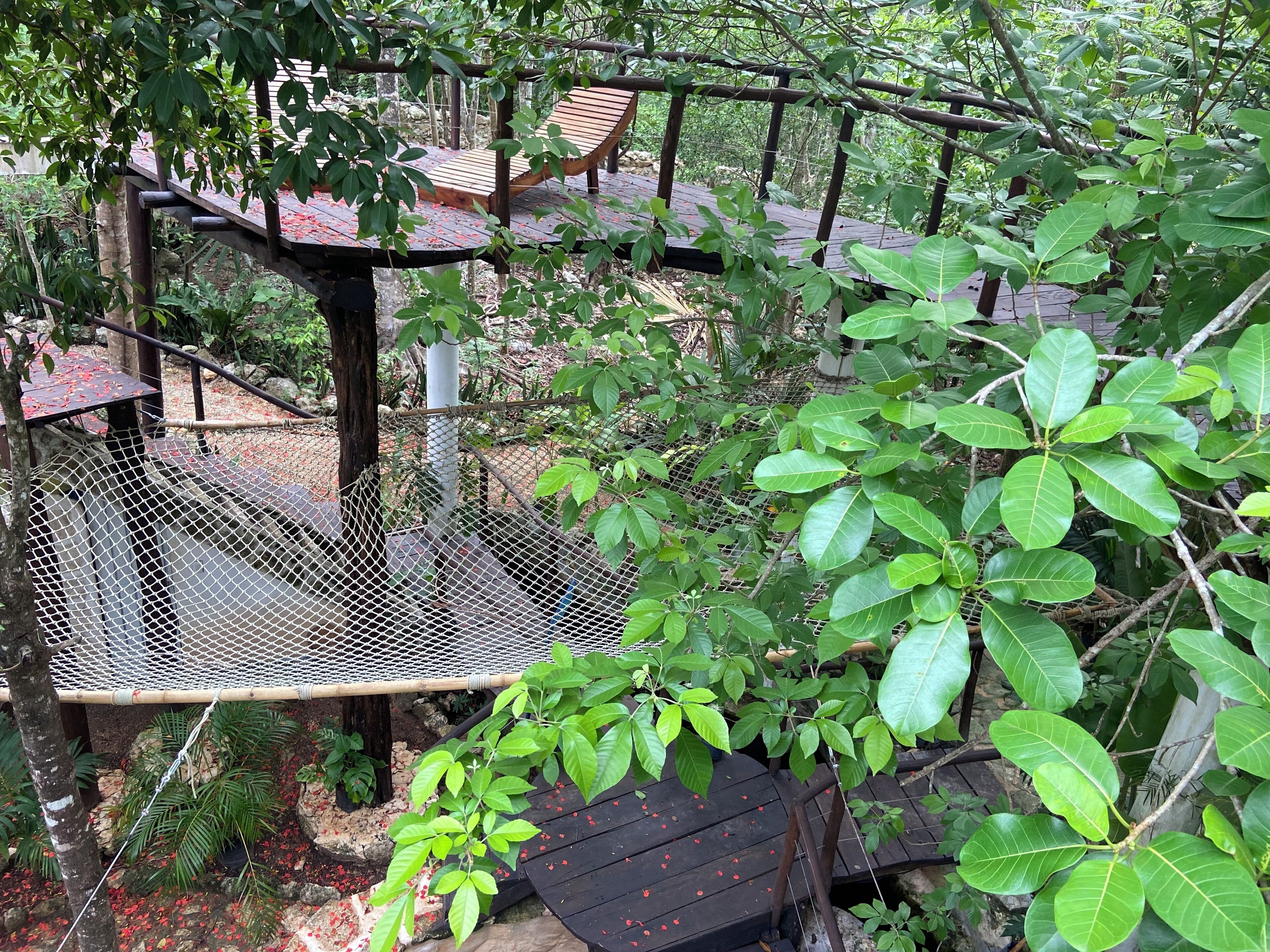 A wooden deck with a mesh safety barrier, surrounded by lush greenery and a stone wall.