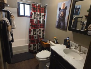 Hair dryer, bidet, towels, toilet paper