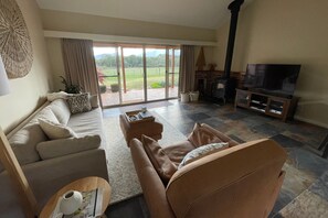 TV connectée, cheminée, livres