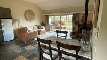 Smart TV, fireplace, books