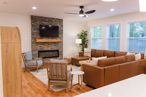 Smart TV, fireplace, books