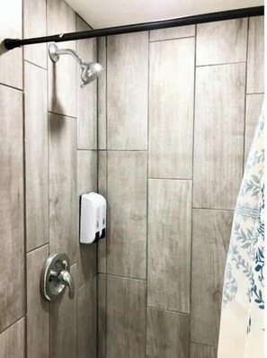 Hair dryer, towels, soap, shampoo