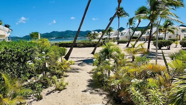 A beach with two sun loungers, palm trees, and a clear sky. - Sea Breeze - NBBC - 2 bedrooms beachfront (Marigot)