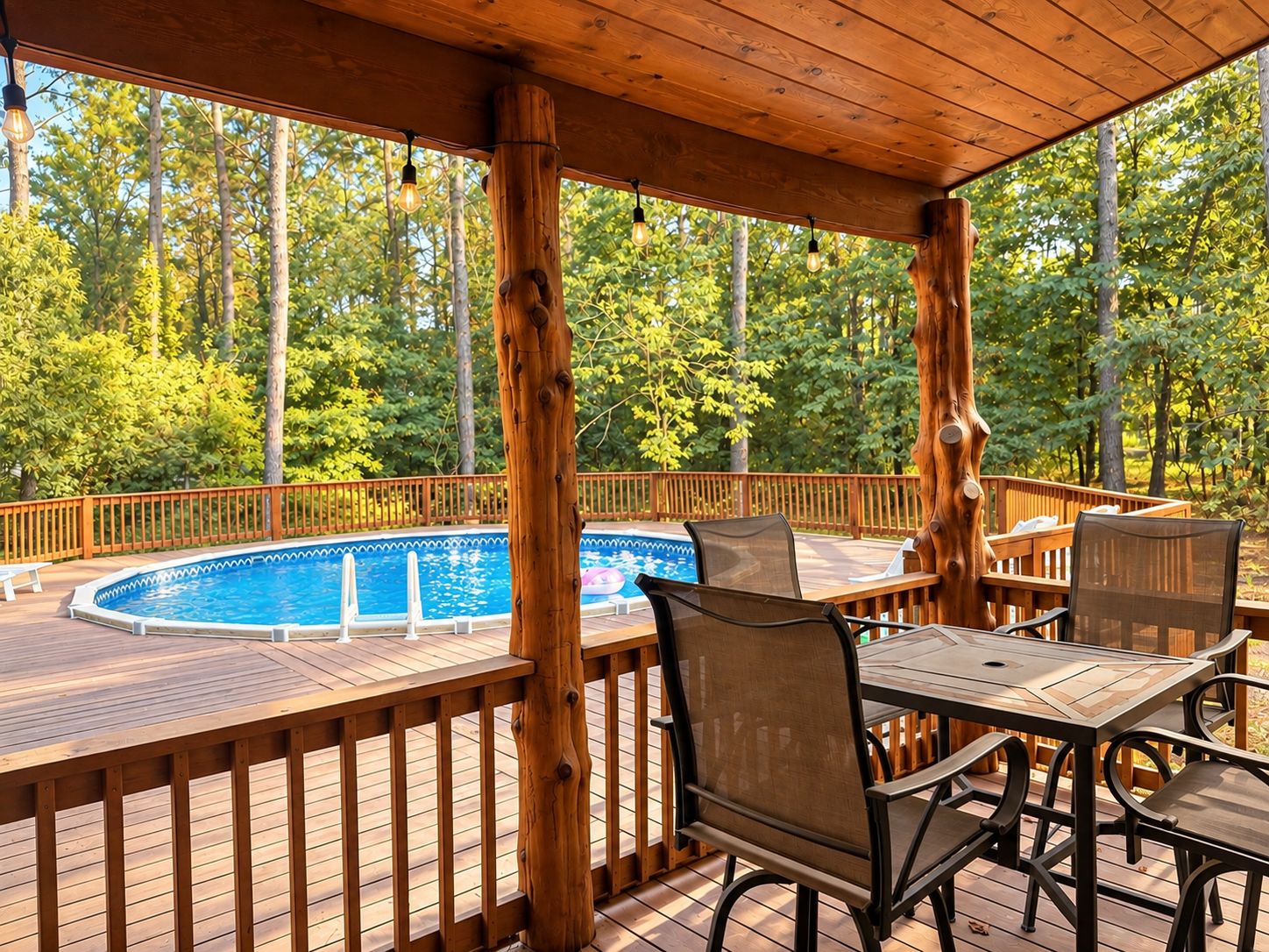 A wooden deck with a pool, surrounded by trees.