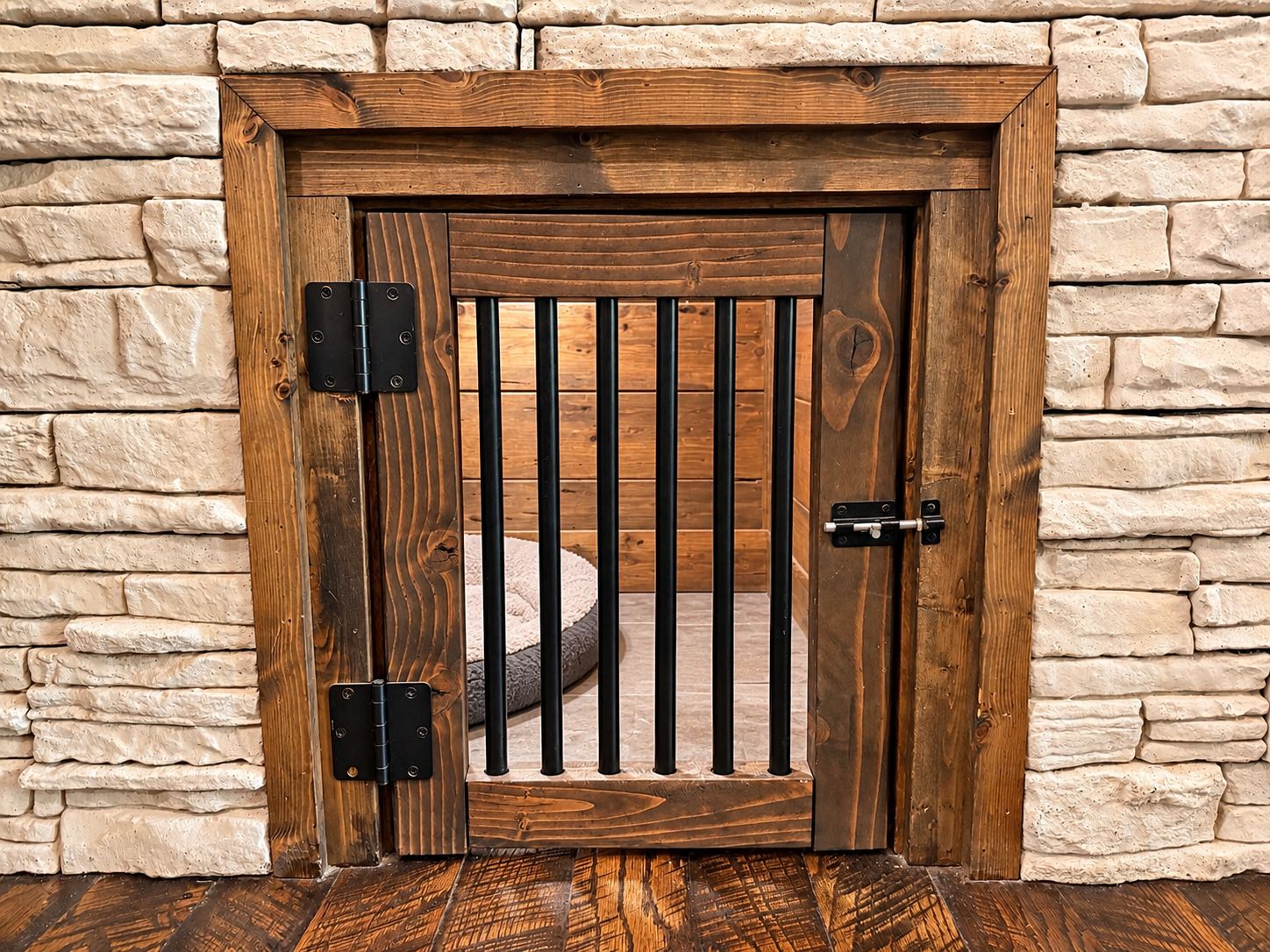 A wooden door with a metal gate, set in a stone wall.