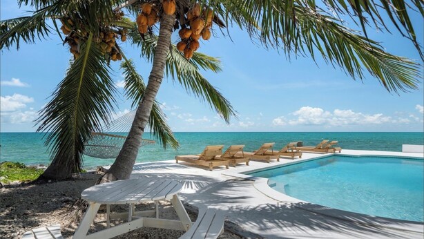 A poolside area with lounge chairs, a palm tree, and a view of the ocean. - Ocean Pearl Estate (Nassau)