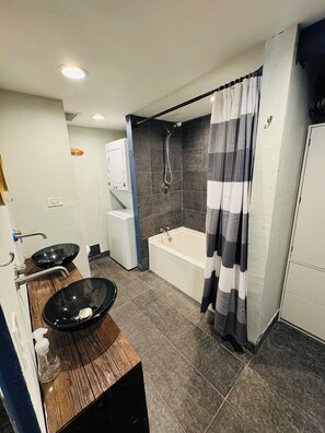 Hair dryer, towels, toilet paper