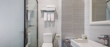 A modern bathroom with a glass shower enclosure, a toilet, a sink, and a bathtub.
