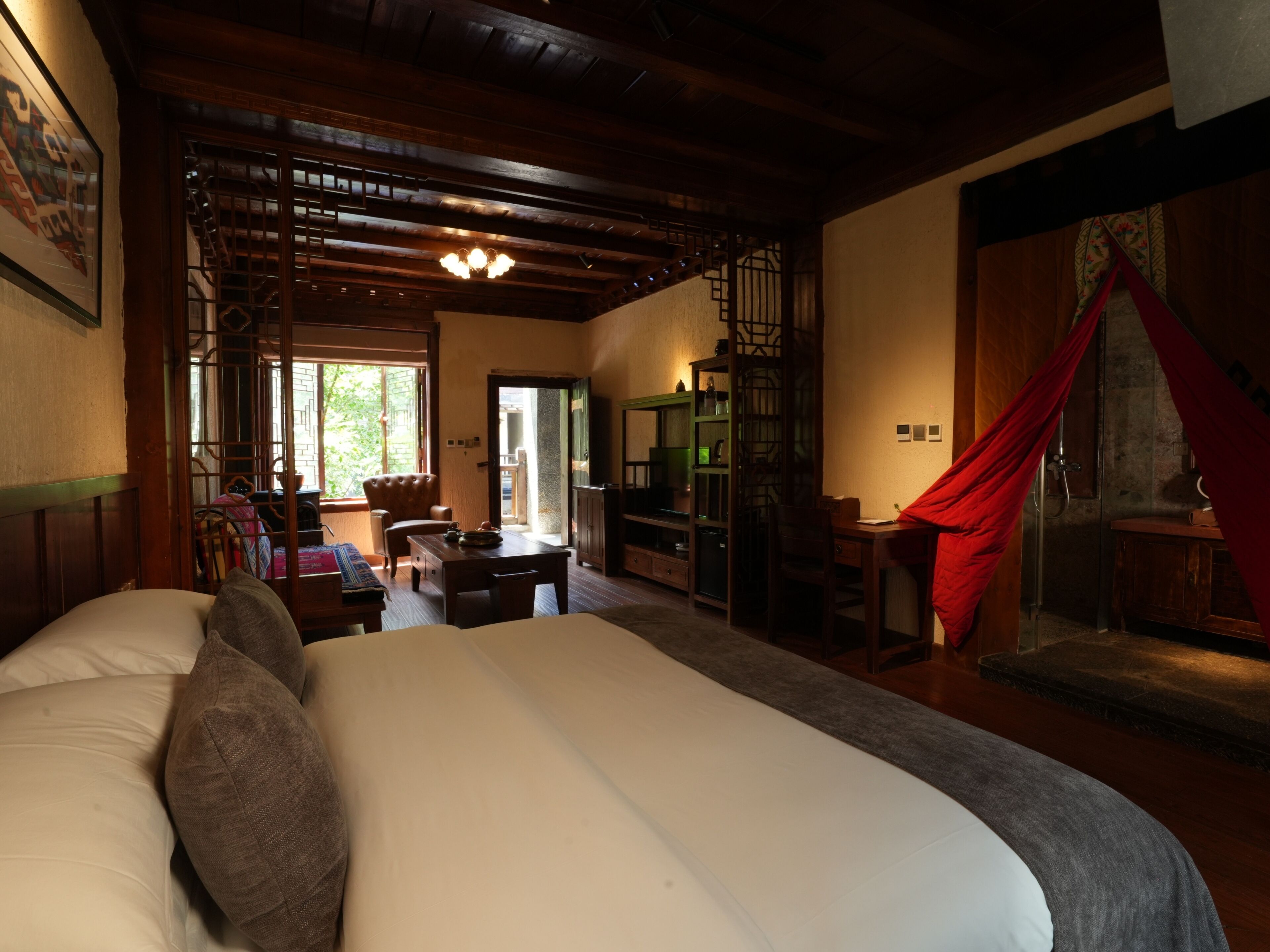 Desk, laptop workspace, blackout curtains, soundproofing