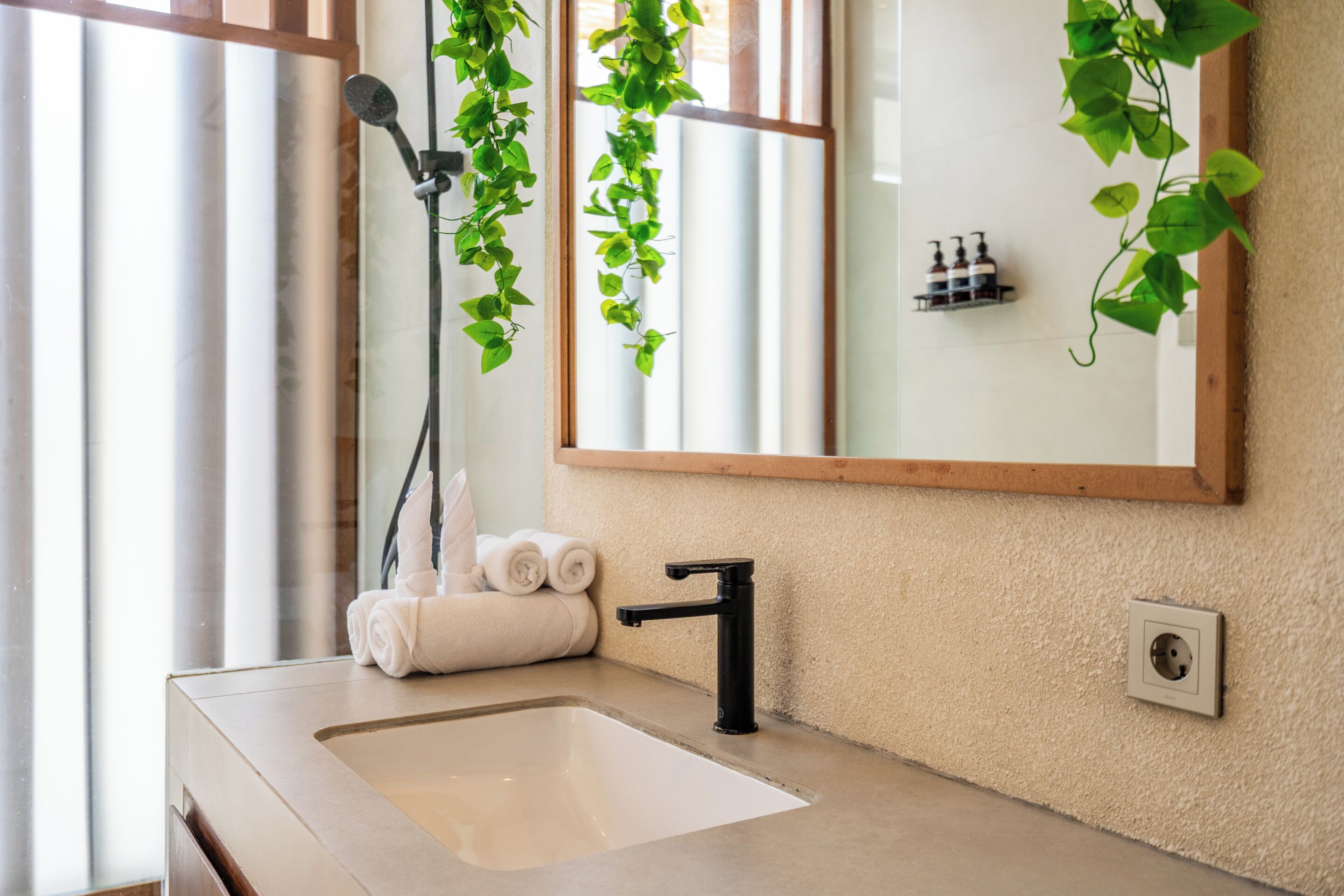 A bathroom with a sink, black faucet, and a mirror. There are towels and a plant hanging on the wall.