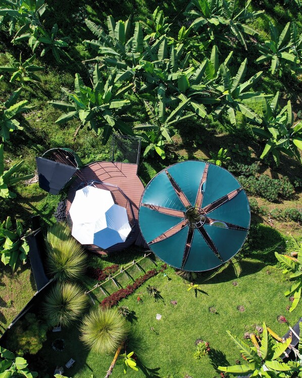 A large, uniquely shaped building with a green roof and a white dome structure. - Chamí Glamping (Manizales)