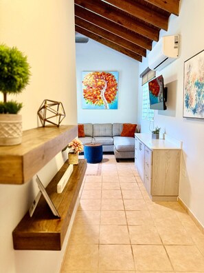 Smart TV, fireplace, books, stereo