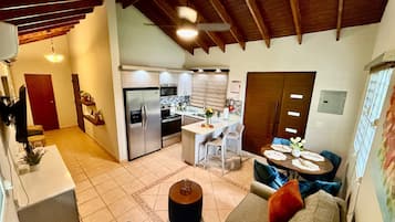 Smart TV, fireplace, books, stereo