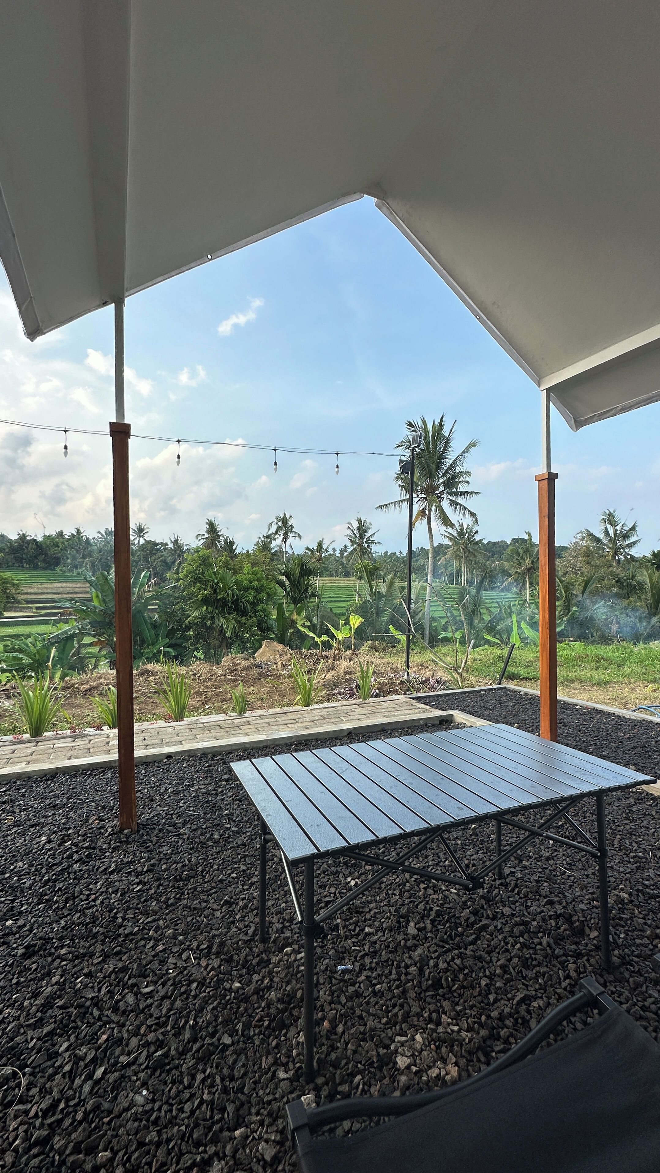 A covered outdoor seating area with a table and chairs, surrounded by a garden with palm trees and a view of rice fields.