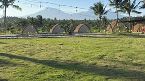 Un campo cubierto de hierba con tres construcciones de techo de paja, cielo despejado y palmeras.