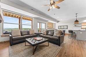 Smart TV, fireplace, foosball