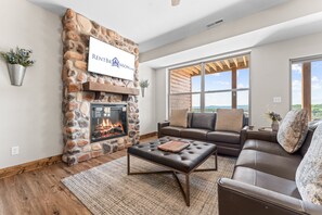 Smart TV, fireplace, foosball