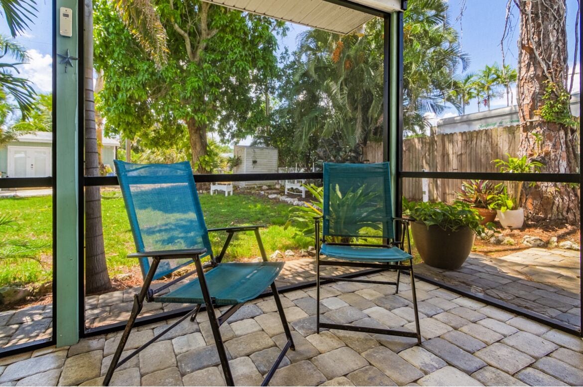 A covered patio with two chairs and a large potted plant.