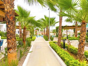 A pathway lined with palm trees and greenery, leading to a pool area. - Indigo 7, Steps from Playa Brujas Beach (Mazatlán)