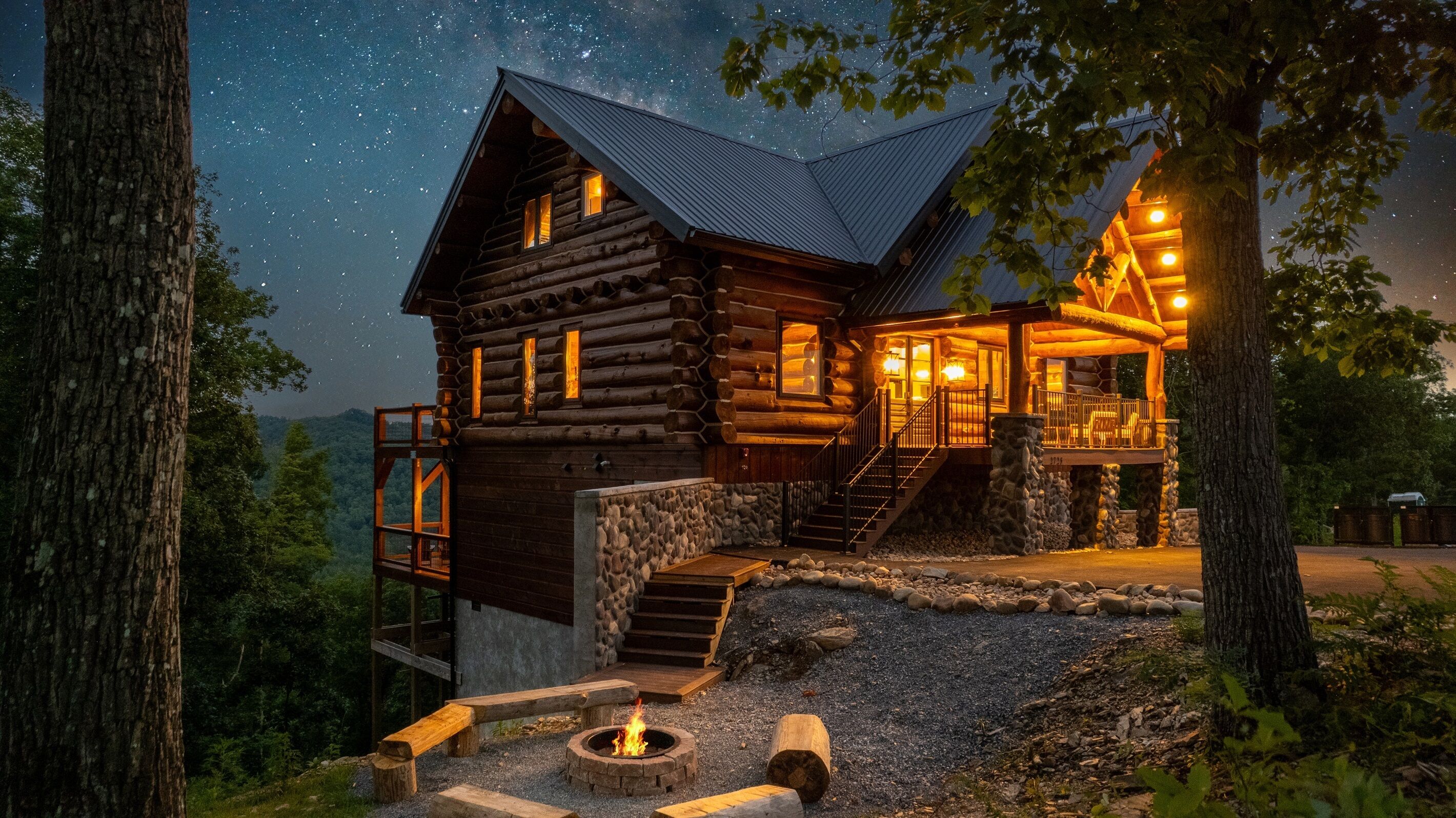 A log cabin with a stone foundation, wooden deck, and a fire pit.
