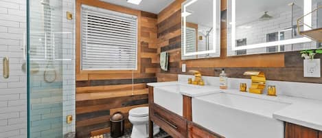 Shower, hair dryer, towels, shampoo