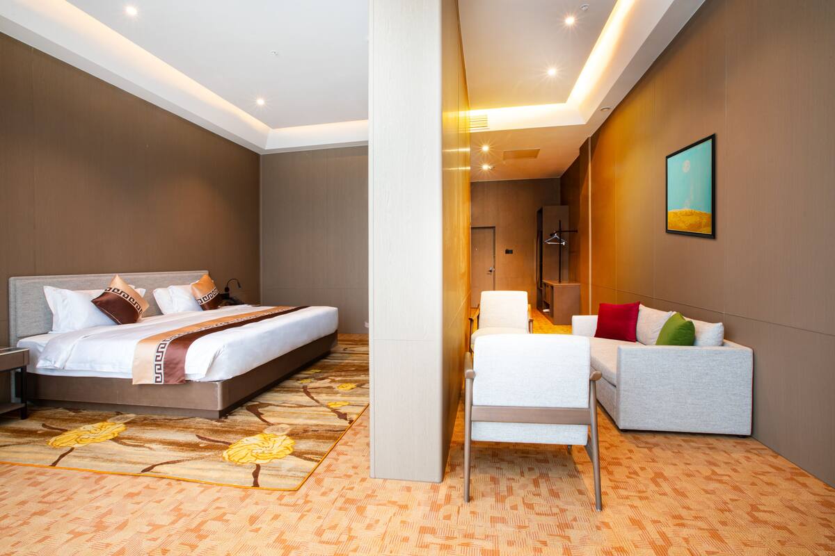 A hotel room with a bed, a sofa, a chair, and a shower area.