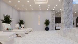 A modern spa room with white lounge chairs, a marble floor, and a skylight. - Khubilai Hotel Ulaanbaatar (Ulaanbaatar)